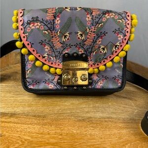Furla Floral Bird Crossbody Pom Trim Mini Statement Bag